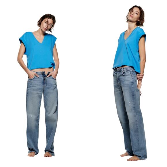 ZARA Deep Vee Cotton T-Shirt - Picture 1 of 9